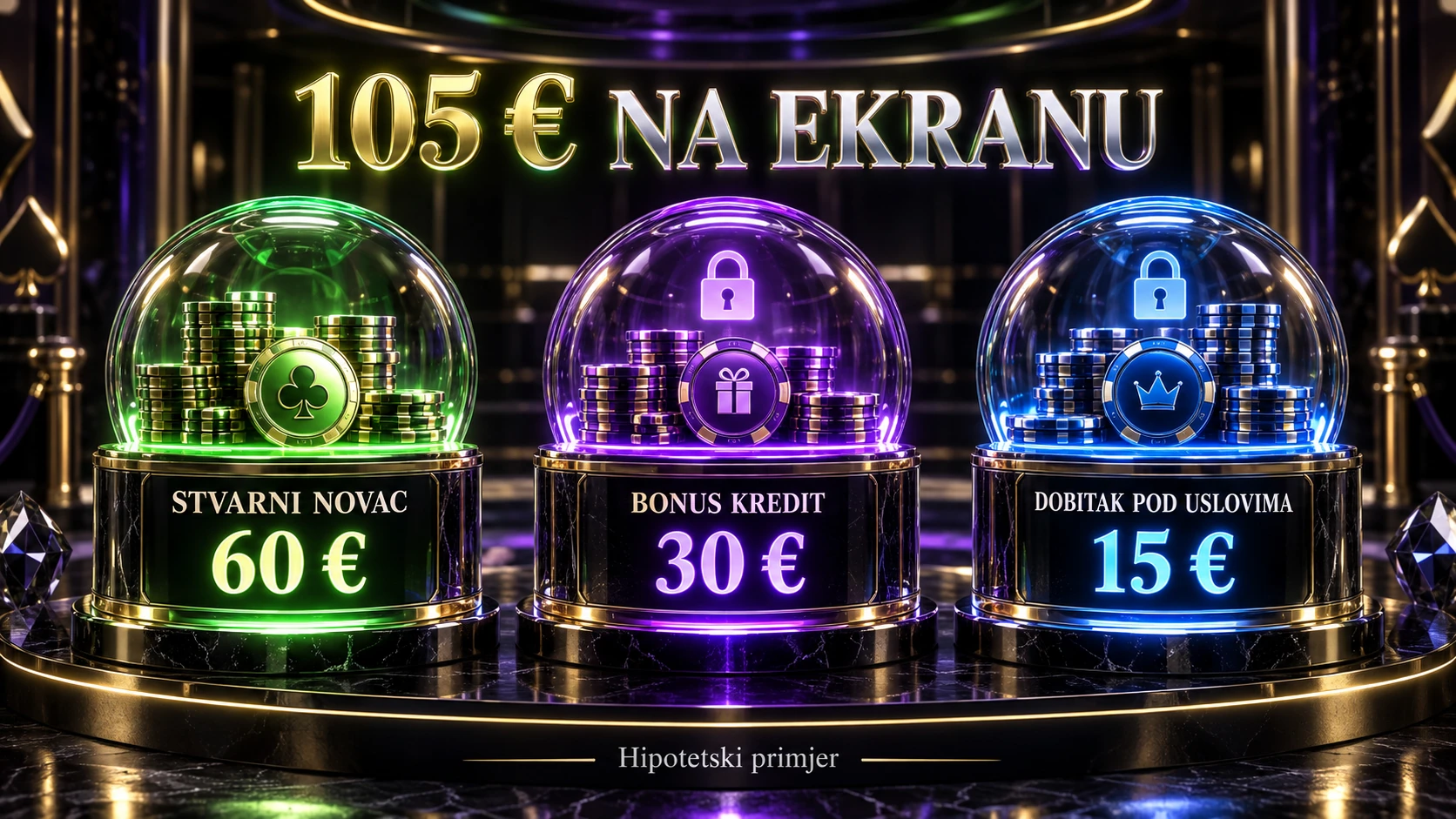 Ilustrovani hipotetski saldo od 105 € podijeljen na 60 € stvarnog novca, 30 € bonus kredita i 15 € dobitka pod uslovima