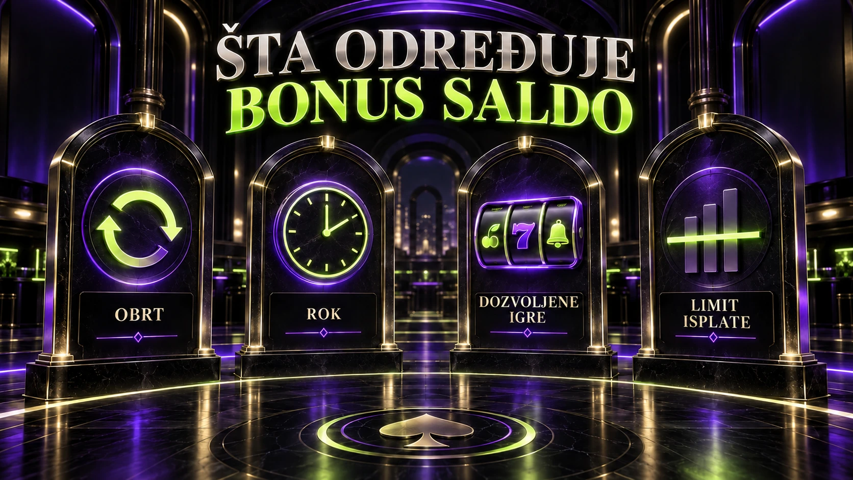 Četiri ilustrovana uslova bonus salda: obrt, rok, dozvoljene igre i limit isplate