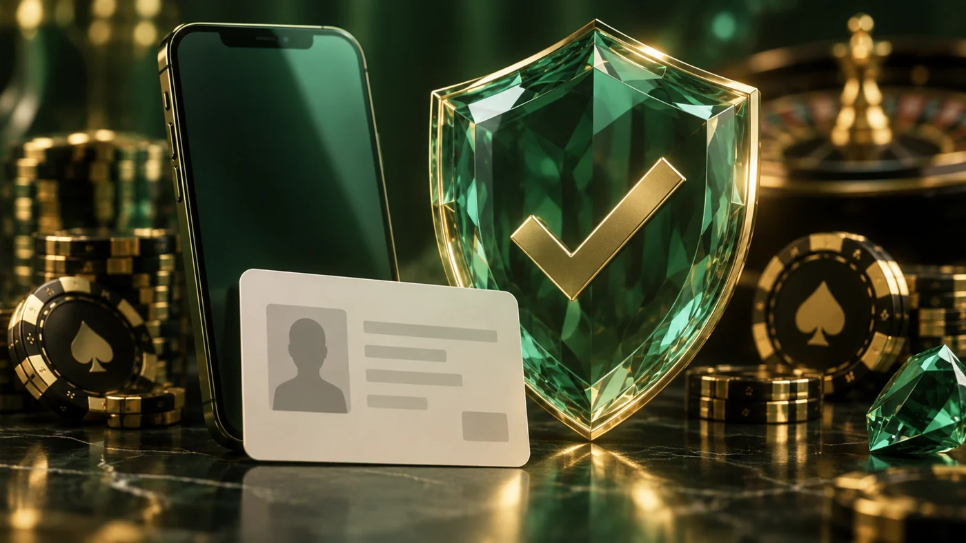 Telefon, lična karta i štit s kvačicom kao simbol provjere identiteta prije isplate
